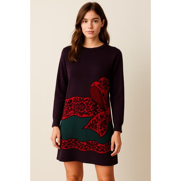 Mondi Women's Top Tunic Sweater Wool Blend Faux Bow Vintage 1980s Purple Red - Picture 1 of 8